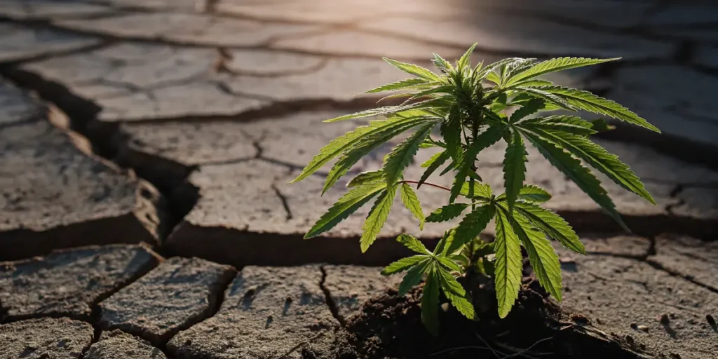 young cannabis plant growing in cracked, dry soil under sunlight