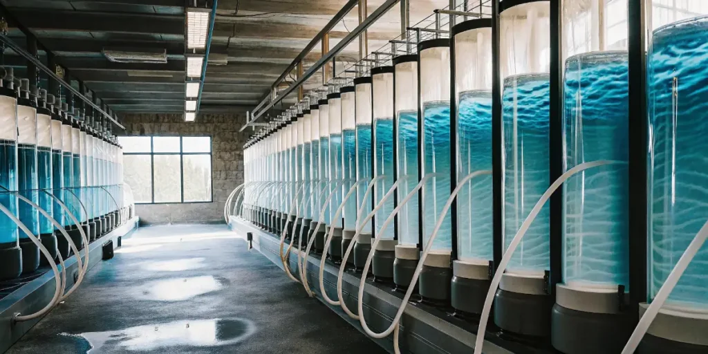 High-resolution image of a row of bioreactors in a laboratory setting with blue liquid for cannabis extraction.