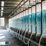 High-resolution image of a row of bioreactors in a laboratory setting with blue liquid for cannabis extraction.