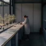 Scientist analyzing cannabis plants inside a modern laboratory, surrounded by scientific equipment and natural sunlight.