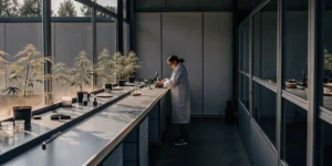 Scientist analyzing cannabis plants inside a modern laboratory, surrounded by scientific equipment and natural sunlight.