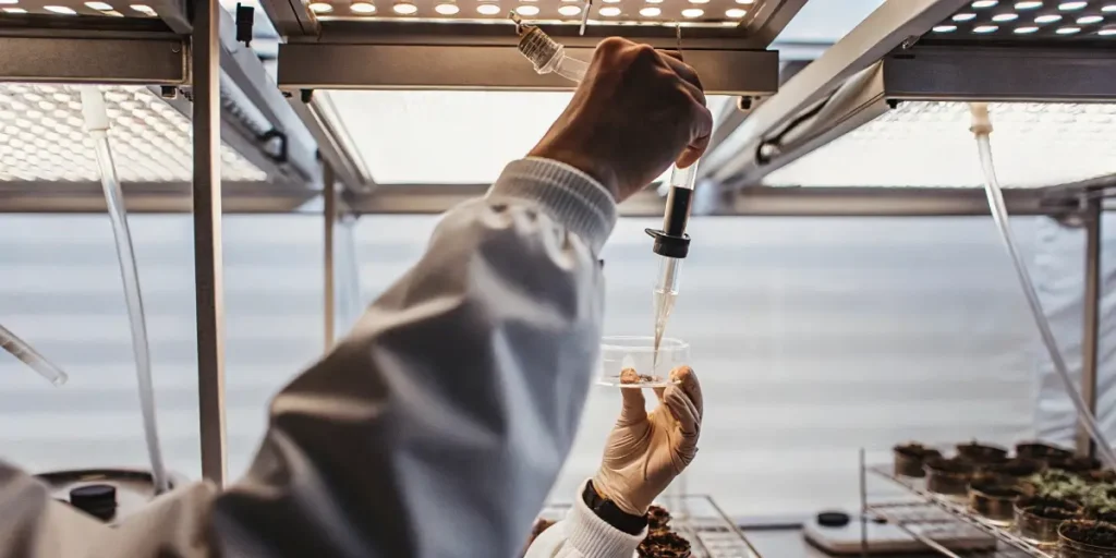 Scientist applying dropper to cannabis sample in petri dish under LED lab lights