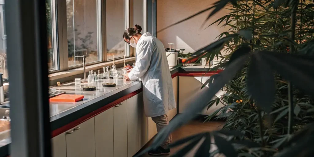 Scientist in a white lab coat carefully examines cannabis samples in a controlled laboratory setting with natural light.