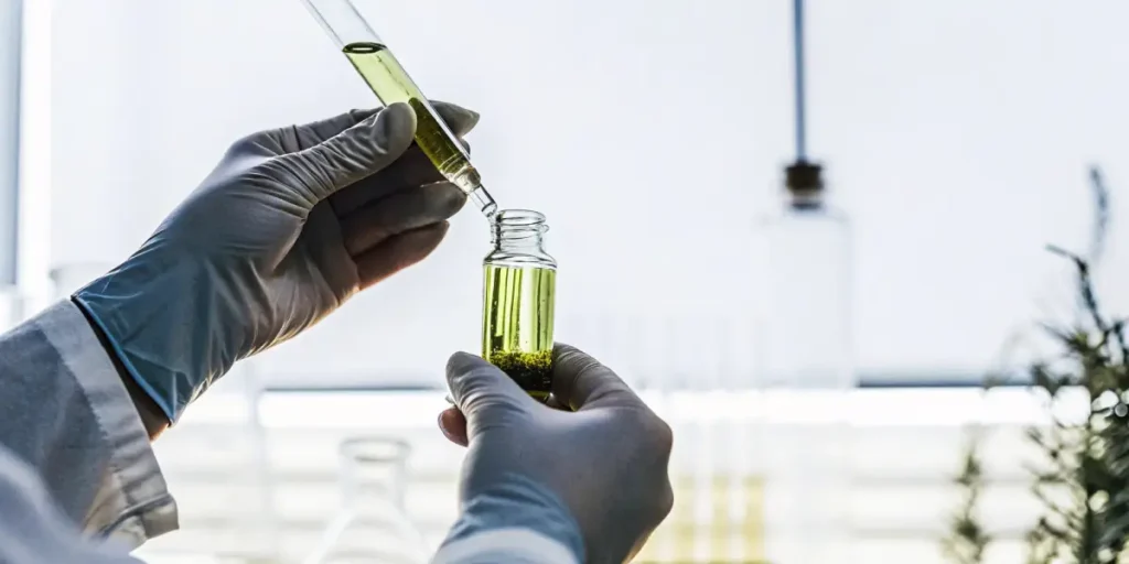 Ultra close-up shot of a scientist's hands carefully holding a CBD oil dropper above a glass bottle in a lab.