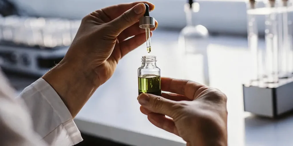 Close-up of a scientist wearing gloves, holding a small bottle of greenish CBD oil with a dropper in a laboratory.