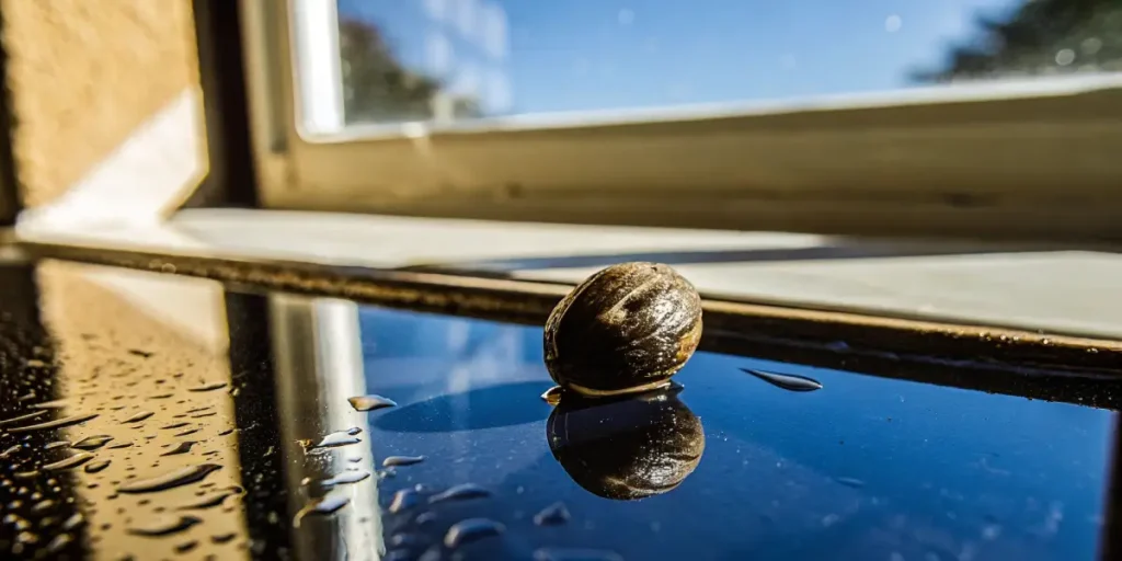 Macro photograph of a single cannabis seed resting on a wet reflective surface near a sunny window