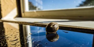 Macro photograph of a single cannabis seed resting on a wet reflective surface near a sunny window