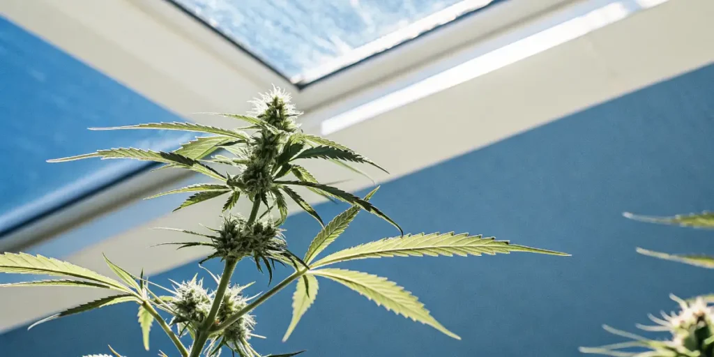 cannabis plant with long leaves and flowering buds near a skylight