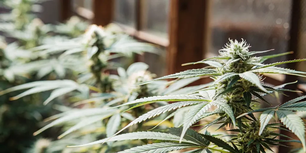 Close-up of a cannabis plant in a sunlit greenhouse with healthy green leaves and maturing buds.
