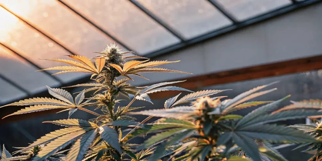 Frosty cannabis plants with thick trichomes growing inside a high-yield greenhouse.