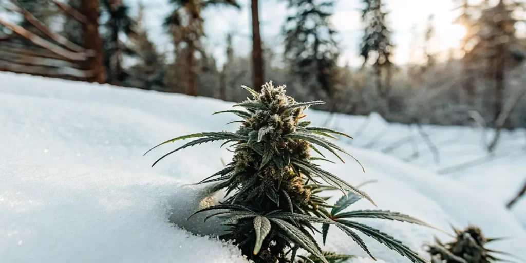 snow-covered trees glowing in warm golden sunlight in a peaceful winter forest