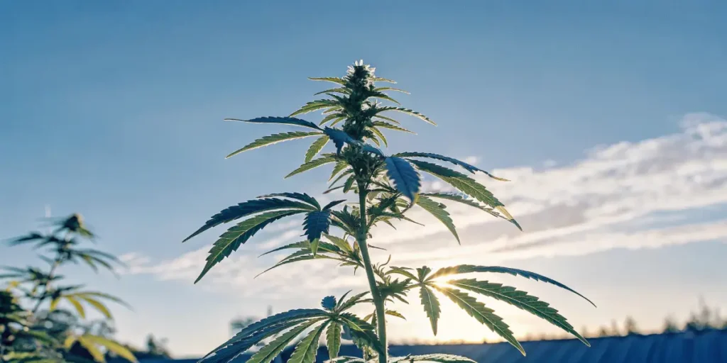 cannabis plant reaching toward a blue sky with sun flare