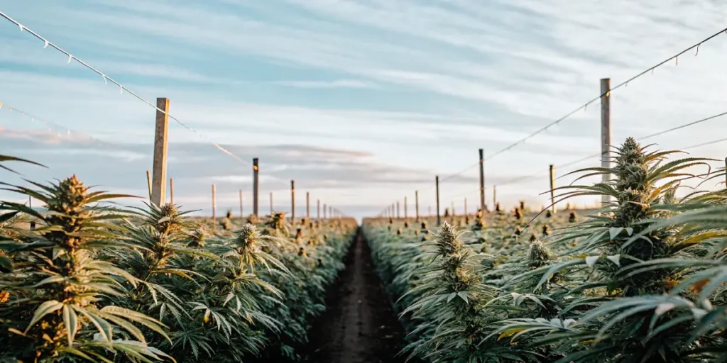 Expansive outdoor cannabis field at sunrise with rows of mature plants and support poles.