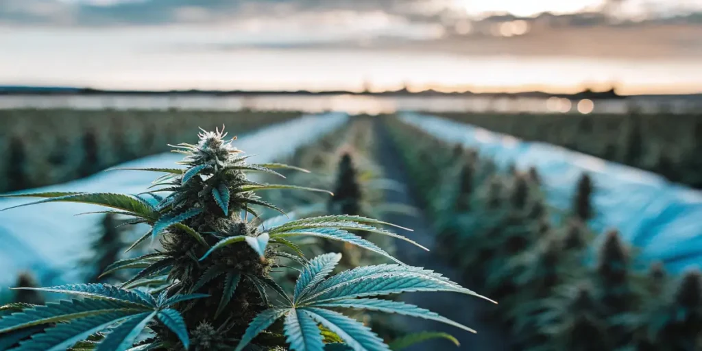 Close-up of a mature cannabis bud in a vast outdoor field at sunset