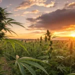 Sunset view of a lush outdoor cannabis garden with mature plants silhouetted against the sky.