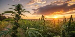Sunset view of a lush outdoor cannabis garden with mature plants silhouetted against the sky.