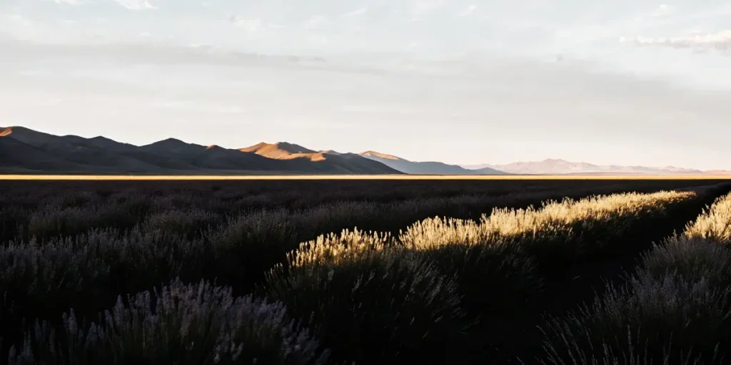 panoramic view of lavender fields at sunset with mountain backdrop and golden light