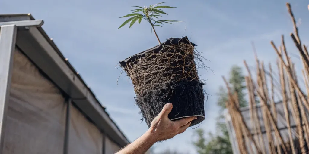 Hand holding a cannabis plant being transplanted from a rootbound fabric pot.