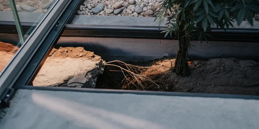 Underground view of a cannabis plant’s root system spreading through nutrient-rich soil.