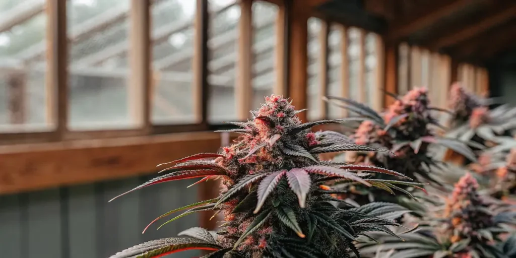 Vibrant purple cannabis bud with green leaves growing in a wooden greenhouse.