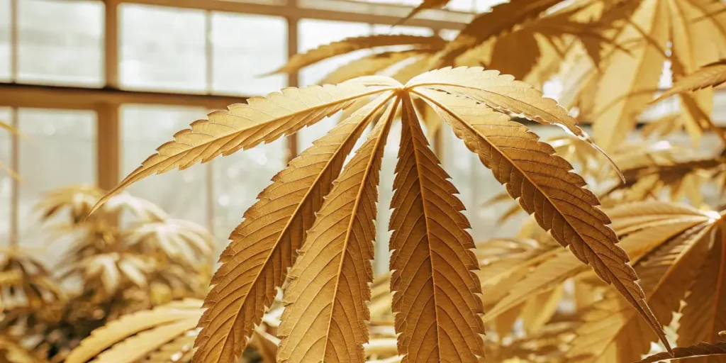 close-up of a yellow cannabis leaf illuminated by natural sunlight in a greenhouse
