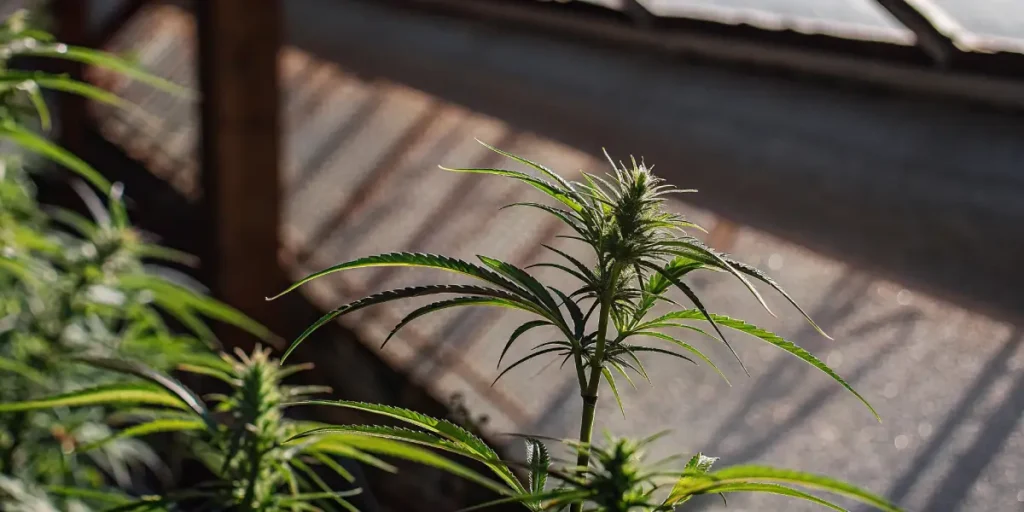 Young cannabis plant growing under natural greenhouse lighting with emerging bud formation.