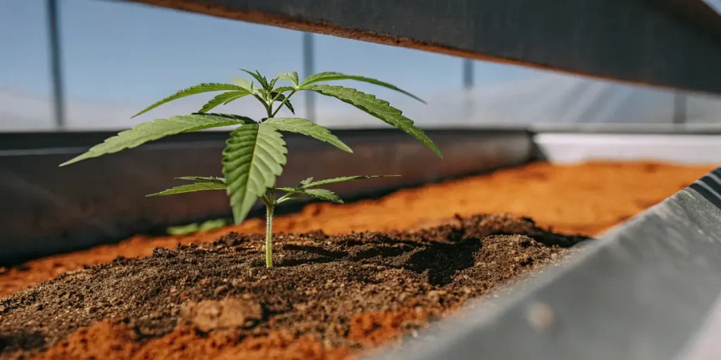 Young cannabis seedling growing in a soil bed under greenhouse light