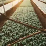 Overhead view of a lush, green agricultural field with rows of young plants and irrigation lines, with golden sunlight in the distance.