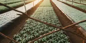 Overhead view of a lush, green agricultural field with rows of young plants and irrigation lines, with golden sunlight in the distance.