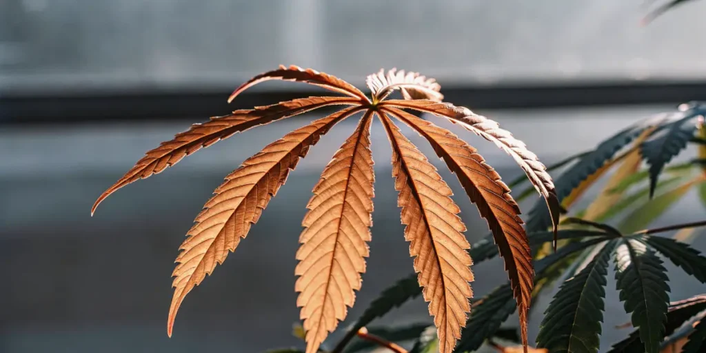 Close-up of a single cannabis leaf with amber and red hues, illuminated from behind.