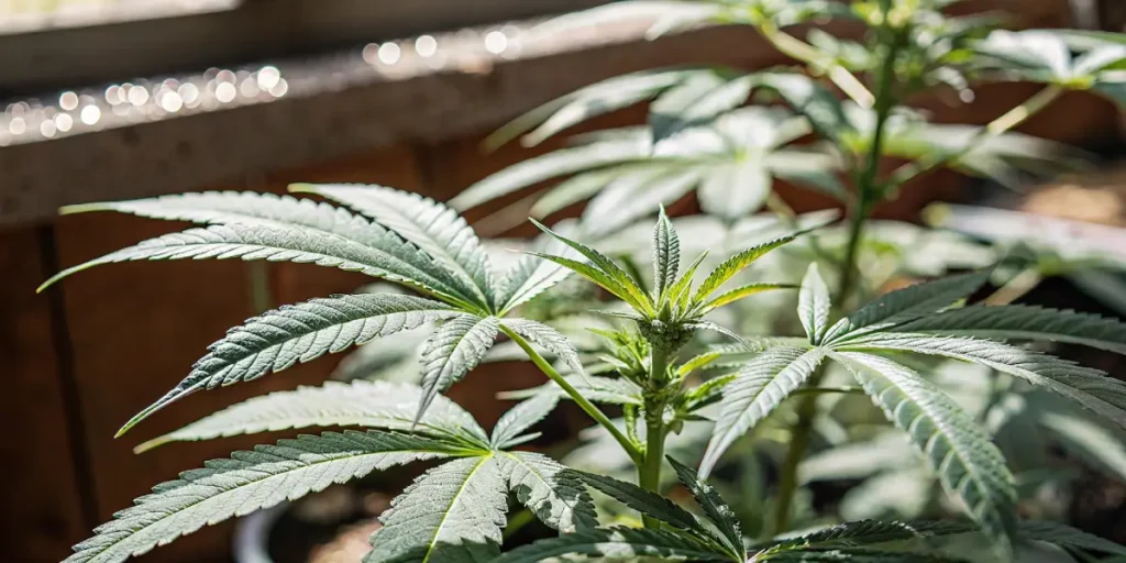 Close-up of a vibrant autoflower cannabis plant with developing buds, backlit by window light.