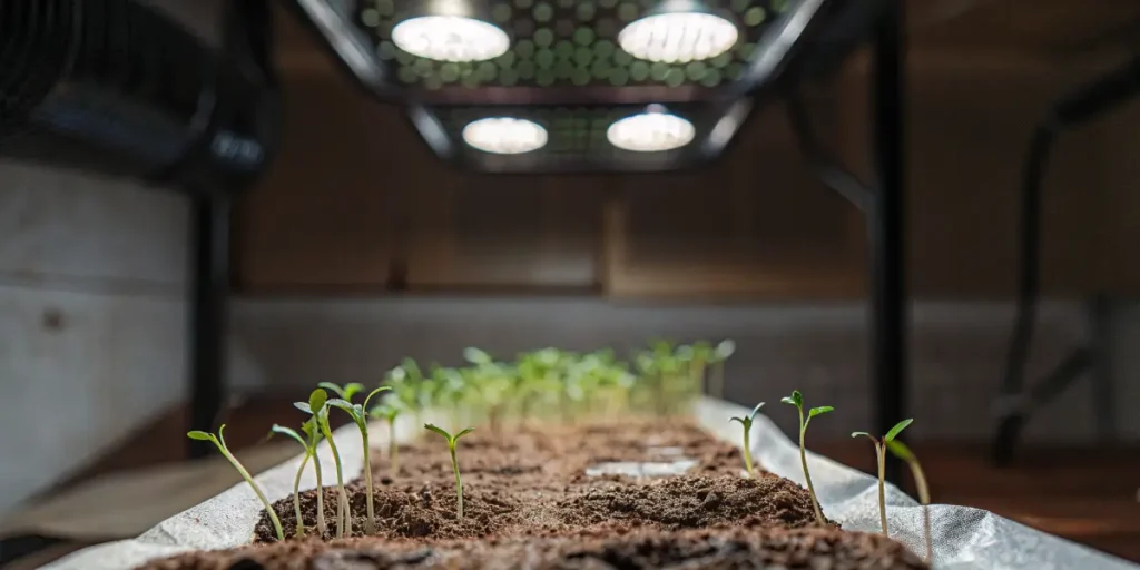 Macro shot of small autoflower cannabis seedlings sprouting from soil under bright indoor grow lights.