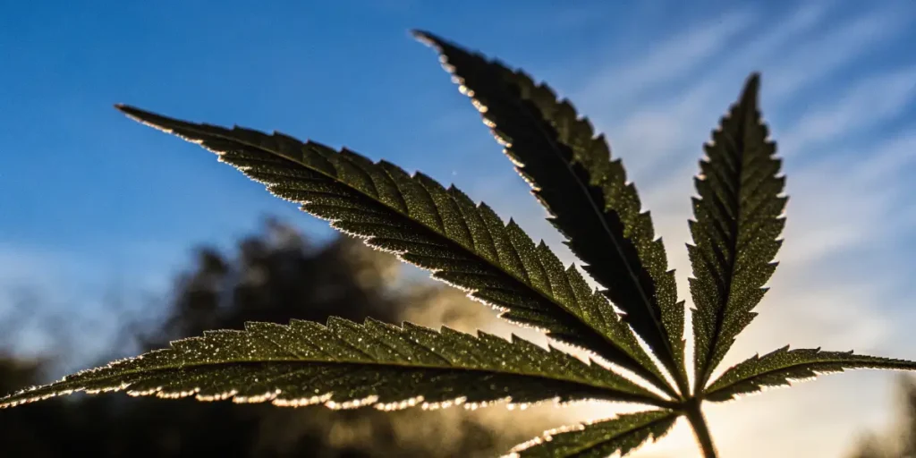 Macro shot of a single cannabis leaf, glistening with frost, backlit by a hazy sun and blue sky.