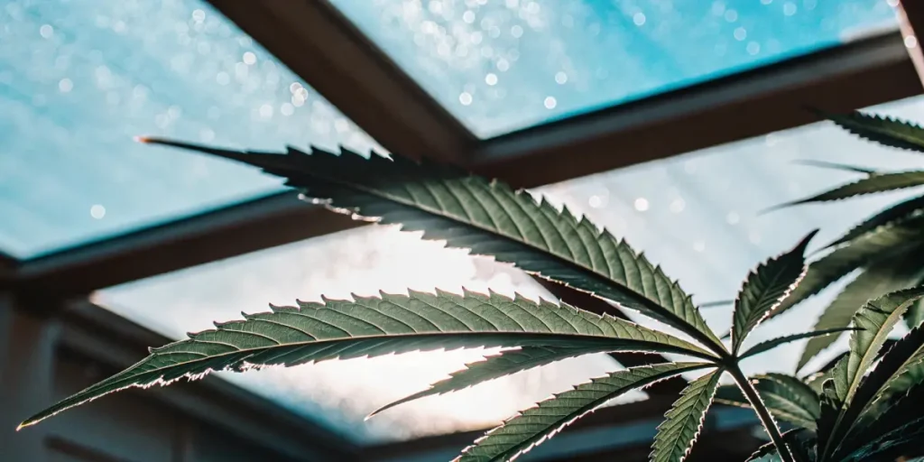Close-up of a vibrant cannabis leaf backlit by sunlight, seen through a patterned greenhouse roof.