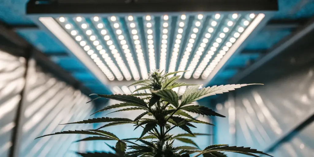 Healthy cannabis plant under bright, cool-toned LED grow lights.