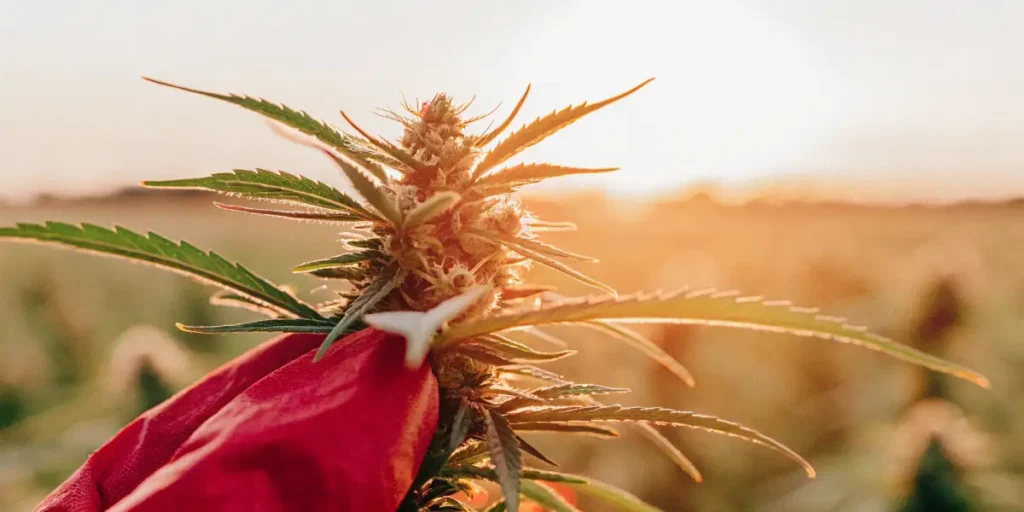 Macro photograph of a cannabis bud with prominent orange pistils, and a red piece of clothing or fabric in the foreground, in a field at sunset.