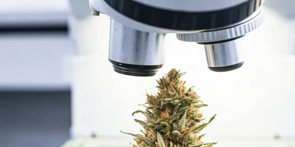 Close-up of a cannabis bud with prominent pistils, positioned for examination under a bright microscope objective lens.