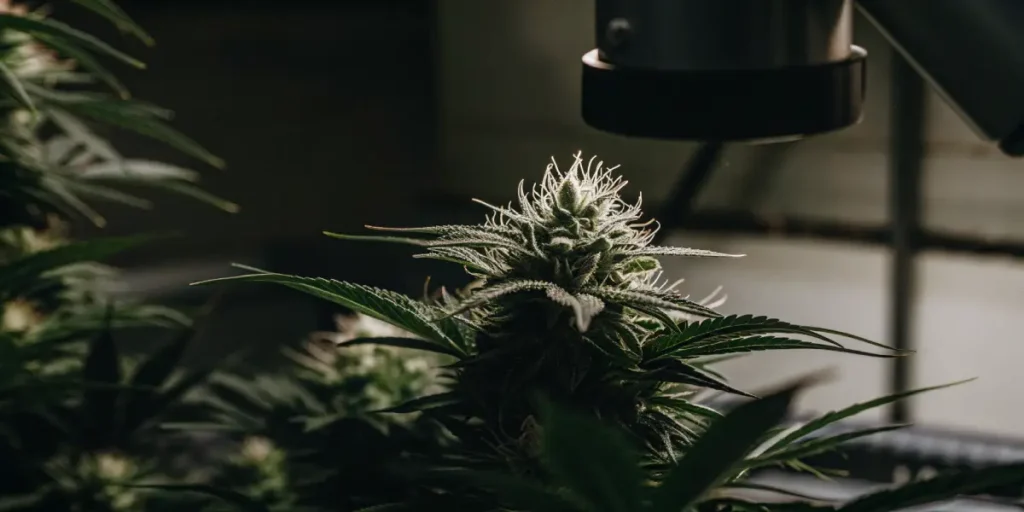 Close-up of a cannabis bud with prominent white pistils, under a dimly lit microscope lens.
