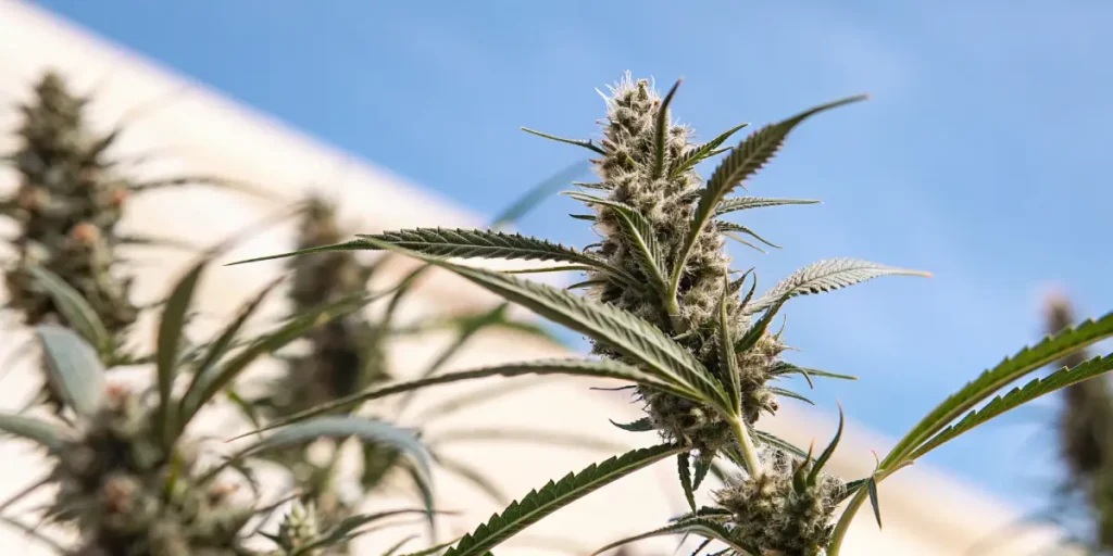 Close-up macro photograph of a cannabis bud with prominent white pistils and leaves against a clear blue sky through a greenhouse roof.