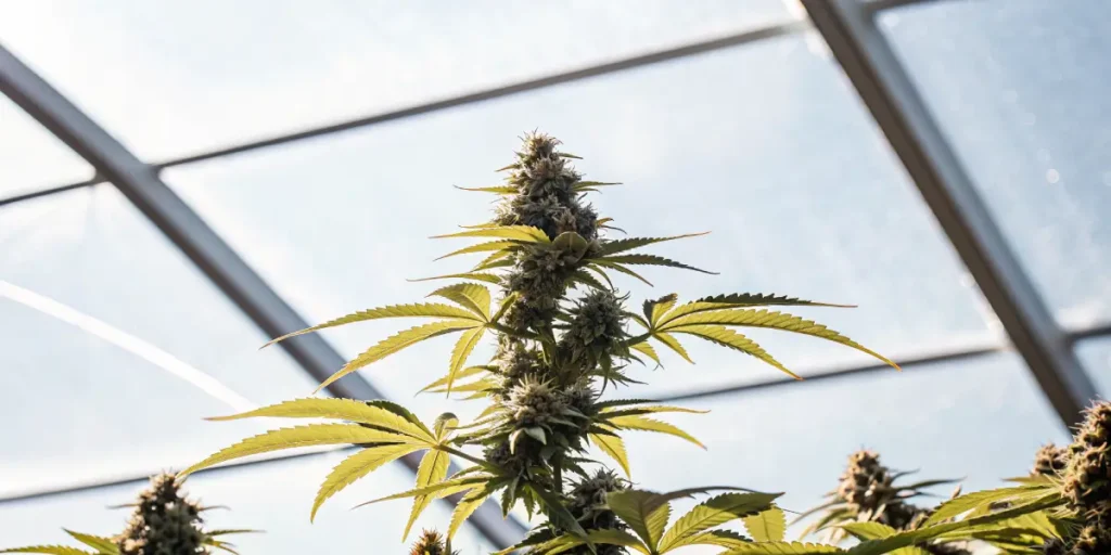 Close-up of a vibrant cannabis plant with a prominent bud and light green leaves, backlit by a bright sun through a greenhouse roof.
