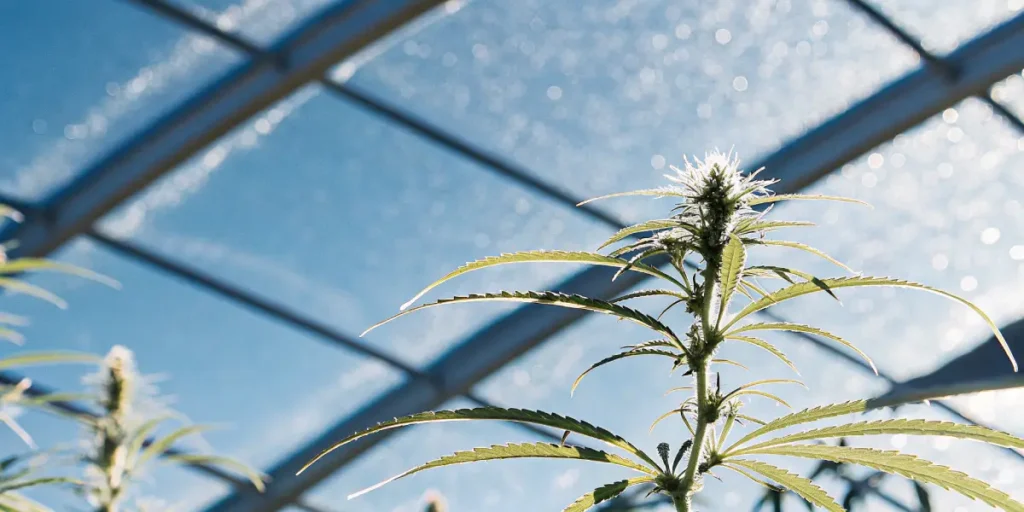 Close-up shot of a cannabis bud with prominent white pistils and green leaves, backlit by sunlight through a greenhouse roof against a blue sky.