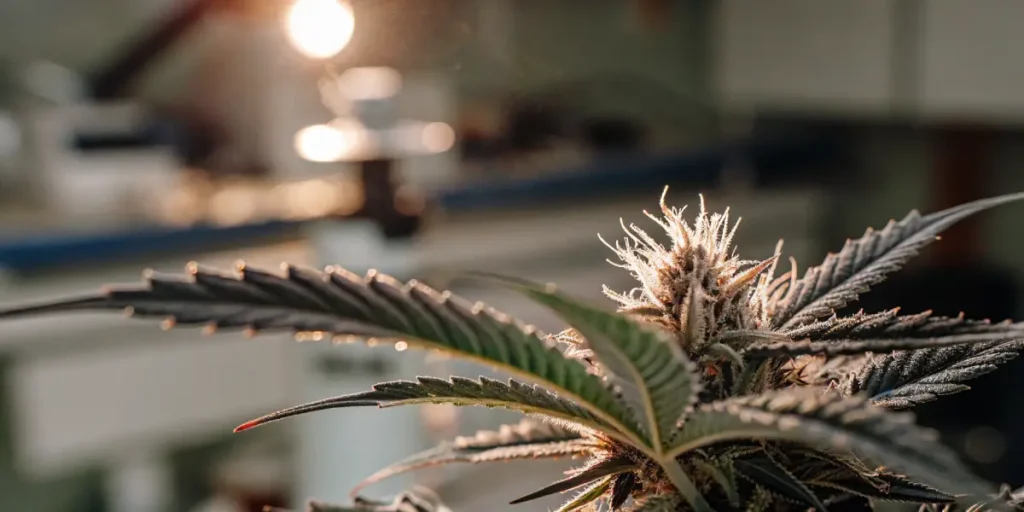 Macro shot of a cannabis bud and leaf glistening with trichomes, under a bright grow light in a lab.