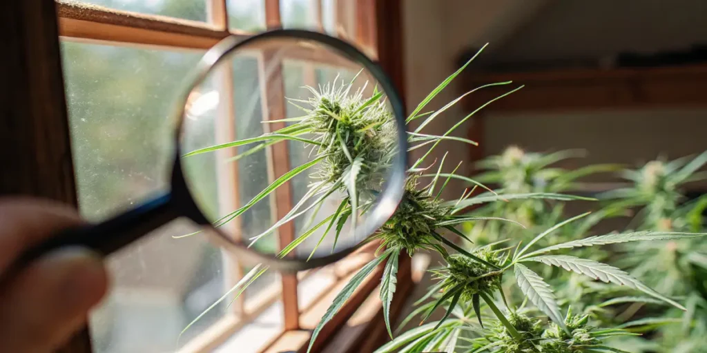 Macro hyper-realistic shot of a cannabis flower with dense buds, showcasing trichomes and deep purple accents.