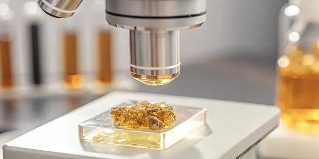 Close-up of golden, crystalline cannabis concentrate being examined under a microscope, with test tubes and flasks in the background.