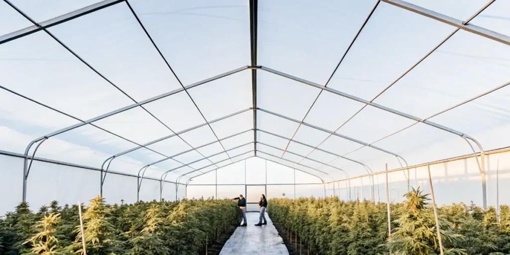 Wide-angle view of a large cannabis cultivation facility: two people standing in a central path between rows of cannabis plants, inside a greenhouse with a sunlit roof.