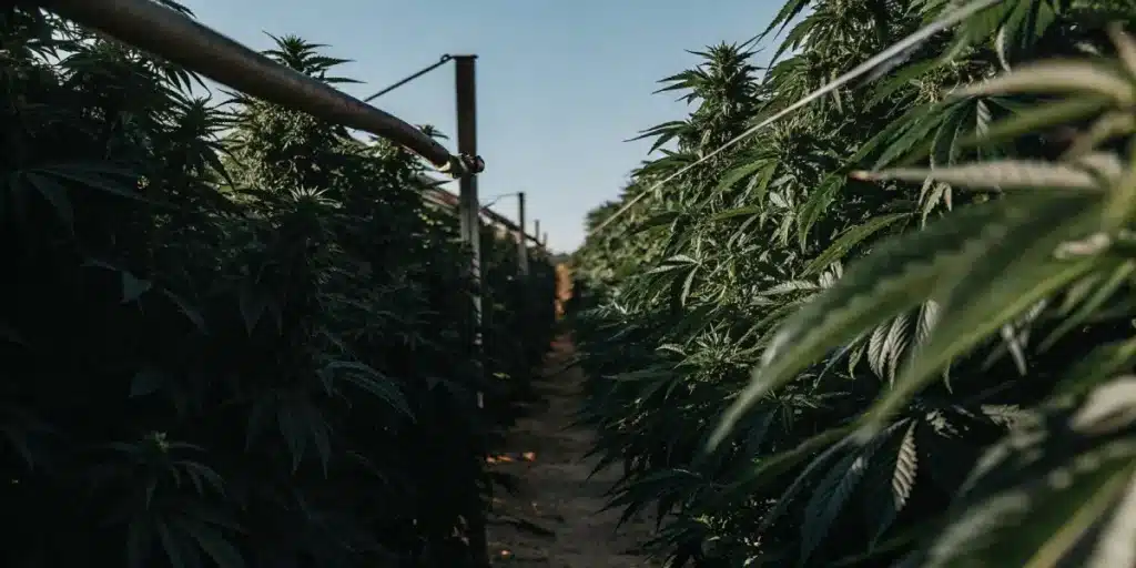 Close-up of a cannabis farm aisle with rows of lush plants and a dirt path under a clear blue sky, with support poles.