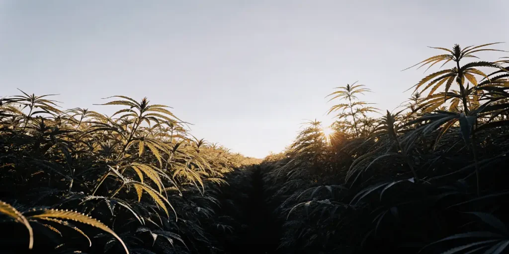 Wide-angle view of a lush cannabis field with dense plants backlit by a sunrise, with a central aisle.