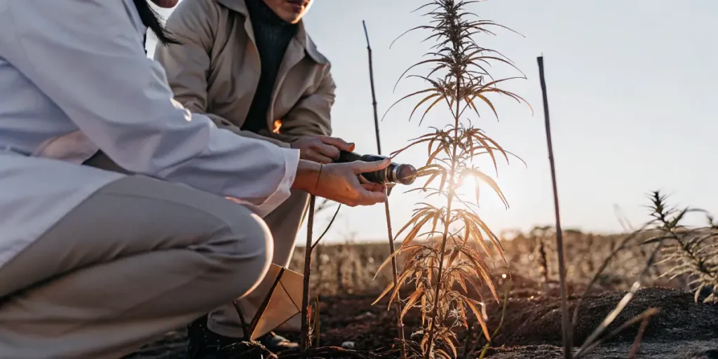 Outdoor scene: two scientists in lab coats inspecting a golden-hued cannabis plant with a scientific device at sunset in a field.