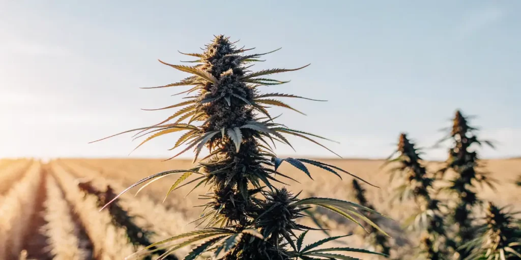 A cannabis plant with prominent buds and leaves in an open field, bathed in sunrise light, with rows of crops stretching into the background.