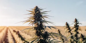 A cannabis plant with prominent buds and leaves in an open field, bathed in sunrise light, with rows of crops stretching into the background.